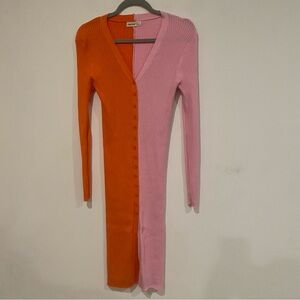 CMZ2005 RIBBED KNIT ORANGE PINK COLORBLOCK LONG SLEEVE BODYCON DRESS MEDIUM